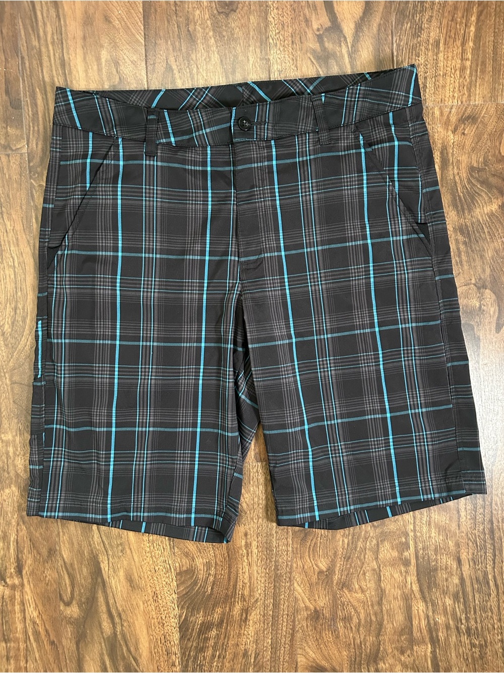 Men's FILA Black Plaid Shorts with Teal Stripe